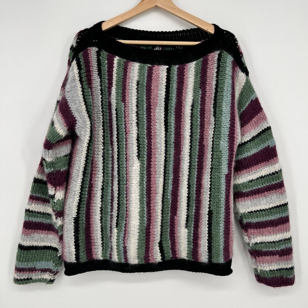Hand Knit Wool Sweater Womens Large Chunky Colorful Stripe Boatneck Multicolored